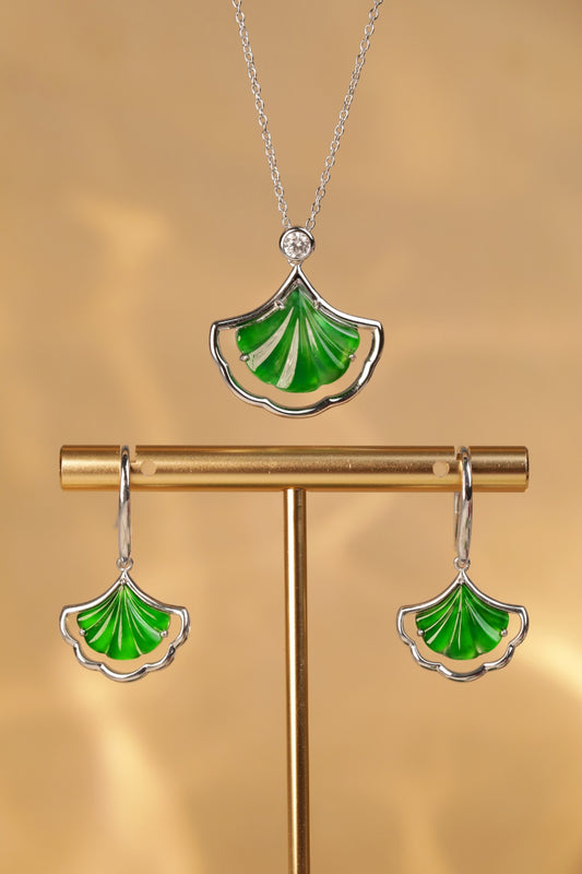 925 Silver Ginkgo Leaf Jade Necklace and Earring Set