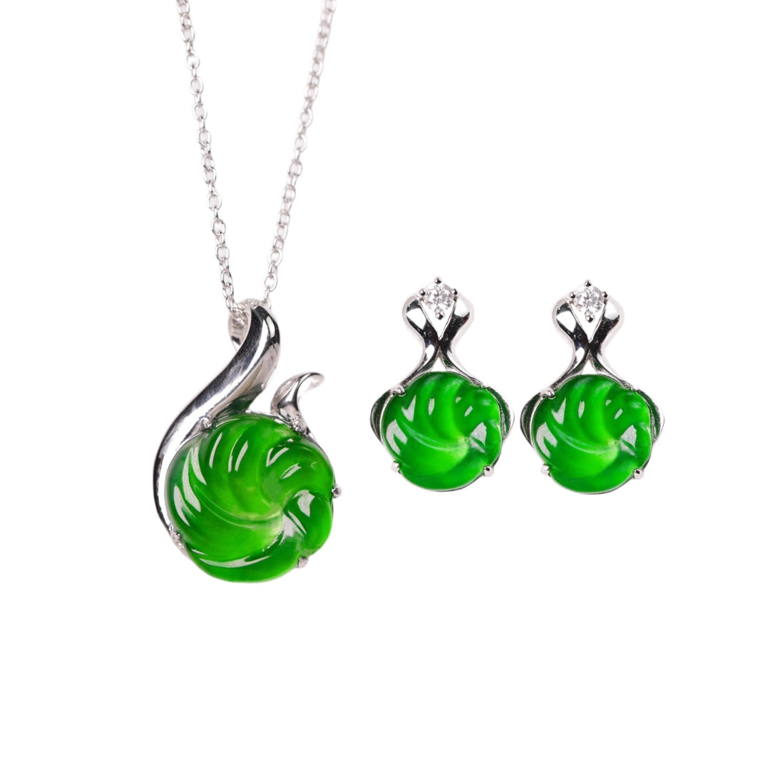 925 Silver Swirling Jade Necklace and Earring Set
