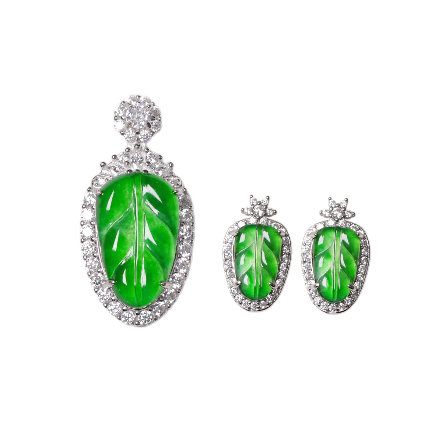925 Silver Leaf-Shaped Jadeite Pendant and Ear Stud Set